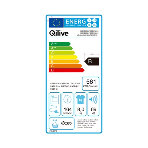 Secadora por condensación QILIVE Q.6836, capacidad de secado: 8KG, H: 84,5cm, A: 59,4cm, F: 62,5cm.