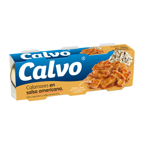 CALVO Calamares en salsa americana en trozos pack de 3 latas de 48 g.