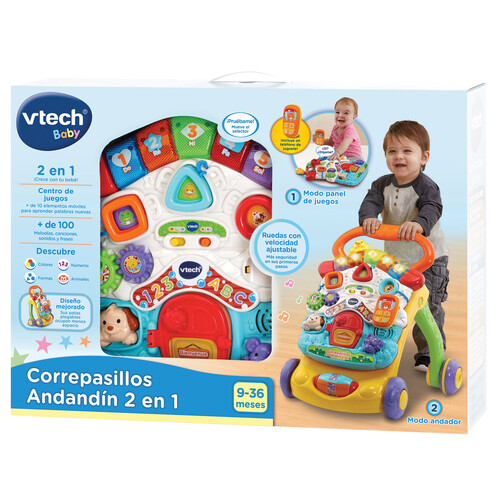 Andador andandín 2 en 1 Correpasillos con panel de actividades extraíble, sistema de frenado y plegable VTech Baby. Edad recomendada desde 9-36 meses