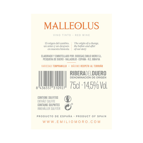 MALLEOLUS  Vino tinto crianza con D.O. Ribera del Duero botella 75 cl.