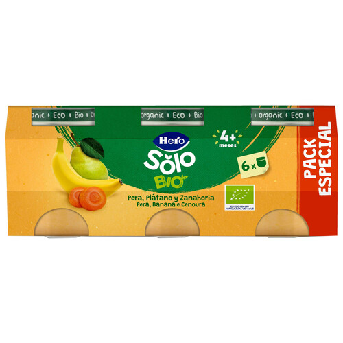 HERO Solo bio Tarrito de frutas y hortalizas (pera, manzana y zanahoria), ecológicas partir de 4 meses 6 x 120 g.