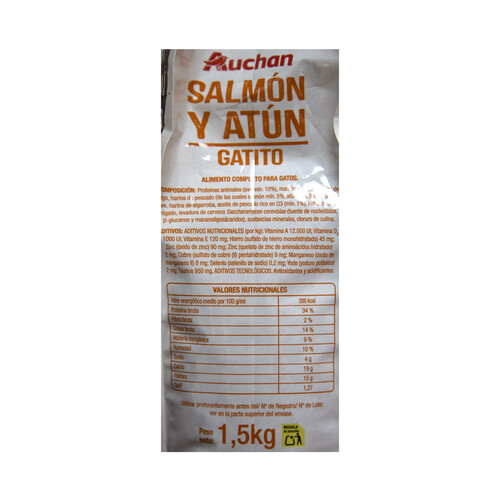 PRODUCTO ALCAMPO Alimento completo para gatitos a base de salmón y atún 1.5 kg.