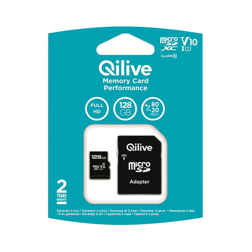 Tarjeta de memoria QILIVE MicroSDHC 128GB, clase 10, para FULL HD, adaptador SD.