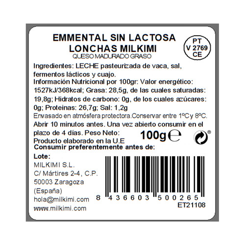 MILKIMI Queso lonchas Emmental sin lactosa MILKIMI 100 g.