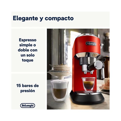 Cafetera espresso DE`LONGHI Dedica EC 685.R roja, presión 15 bar, café molido o monodosis, depósito 1,3L.