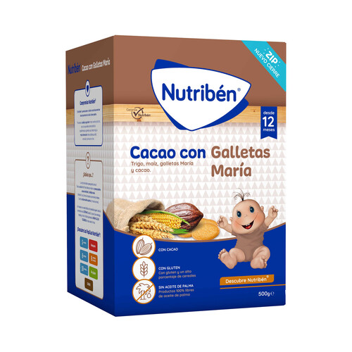 NUTRIBÉN Papilla en polvo de cereales (trigo y maiz) cacao y galleta María, a partir de 12 meses NUTRIBÉN 500 g.