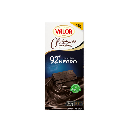 VALOR Chocolate negro 92 % cacao, sin azucares añadidos 100 g.