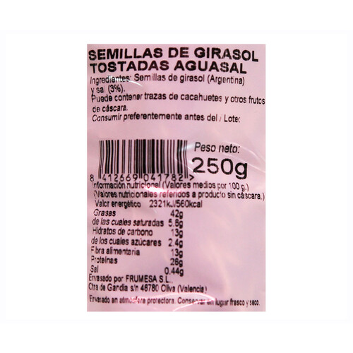 FRUMESA Pipas de girasol tostadas aguasal FRUMESA 250 g.