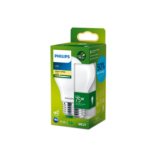 Bombilla LED E27, 75 W, luz cálida 2700K, 1095lm, PHILIPS.