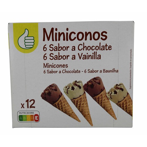 PRODUCTO ECONÓMICO ALCAMPO Mini conos de helado de chocoloate (6) y vainilla (6) PRODUCTO ECONÓMICO ALCAMPO 12 x 28 ml.