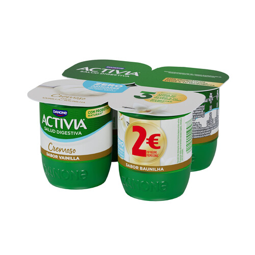 ACTIVIA Bífidus cremoso, desnatado (0% materia grasa) y con sabor a vainilla de Madagascar Cremoso 0% de Danone 4 x 120 g.