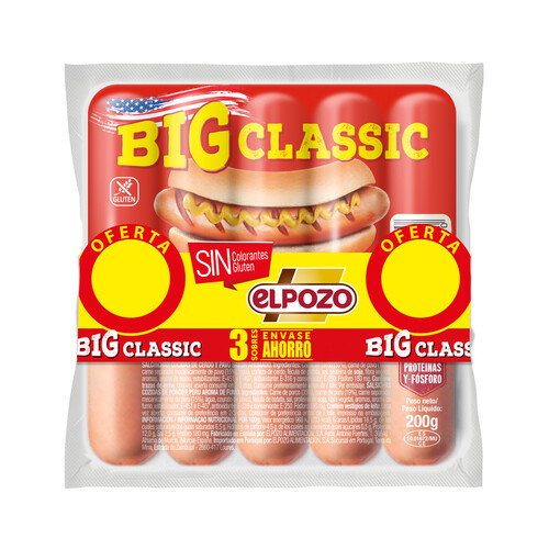 EL POZO Salchichas cocidas de pavo y cerdo sabor ahumado, sin gluten EL POZO Big classic 3 x 180 g.