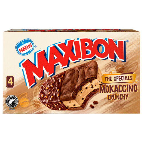 MAXIBON Sándwich de helado de café con leche, con trozos de chocolate y galleta caramelizada 4 x 90 ml.