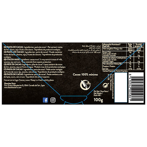 TORRAS Chocolate negro 70 % cacao con aceite de oliva y flor de sal ecológico TORRA ORGANIC 100 g.