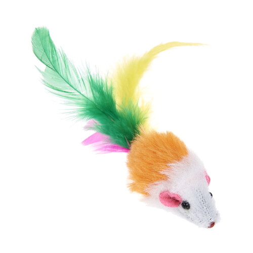 PRODUCTO ALCAMPO Juguete para gatos con forma de ratón de 7 cm con plumas de colores.