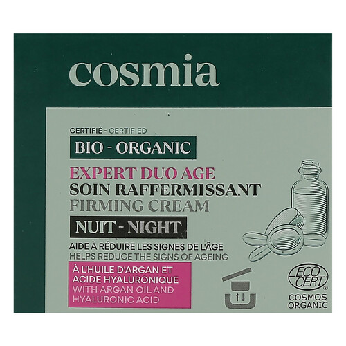 COSMIA Bio expert duo age Crema facial de noche con acción reafirmante, con aceite de argán y ácido Hialurónico 50 ml.