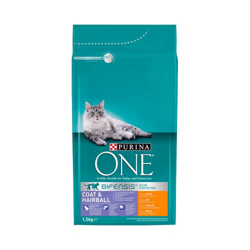 PURINA ONE Pienso rico en pollo y cereales integrales tratamiento bolas de pelo PURINA ONE saco 1,5 kg.