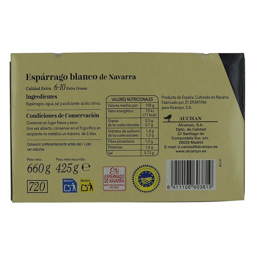 PRODUCTO ALCAMPO Collection Espárragos blancos de Navarra 6/10 piezas (extra gruesos) I.G.P Espárrago de Navarra 425 g.