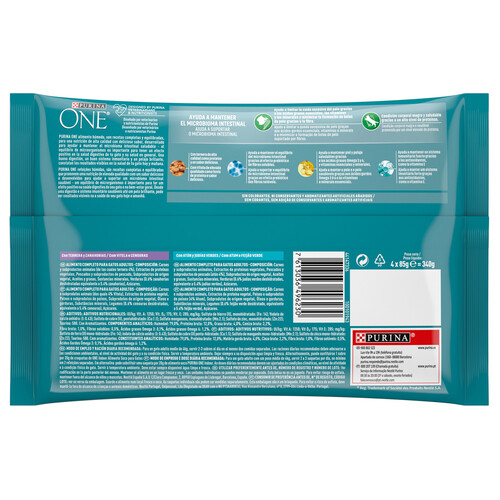 PURINA One Comida para gatos con indoor formula a base de atún y judías verdes (2) o ternera y zanahorias (2) 4 x 85 g..