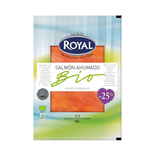 ROYAL Salmón ahumado ecológico con un 25% menos de sal 80 g.