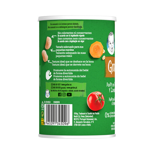 GERBER Organic Snacks (puffs) de cereales ecológicos, con tomate y zanahoria, a paritr de 10 meses 35 g.