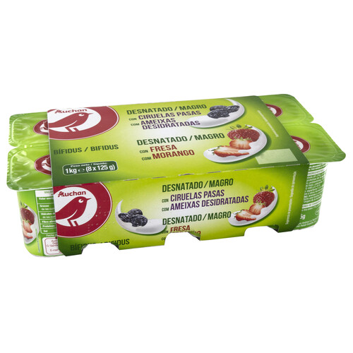 AUCHAN Bifidus desnatado con trocitos de fresas y ciruelas pasas 8 x 125 g. Producto Alcampo