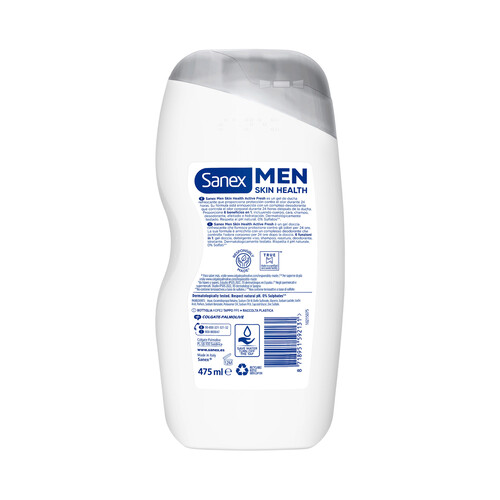 SANEX Gel de ducha o baño 6 en 1 cuerpo, para todo tipo de pieles, incluso secas SANEX Men active fresh 475 ml.