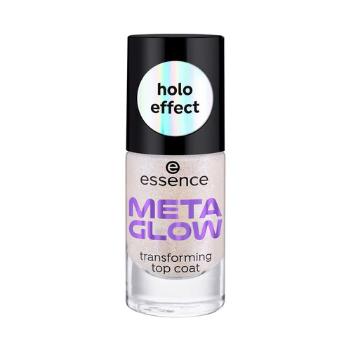 ESSENCE Meta glow Top coat semitransparente con shimmer plateado y azul.