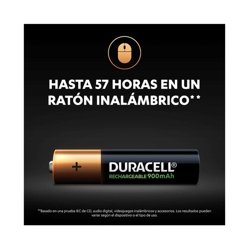 Pack de 4 pilas recargables AAA, Ni-MH, LR3, DURACELL, 900 mAh.