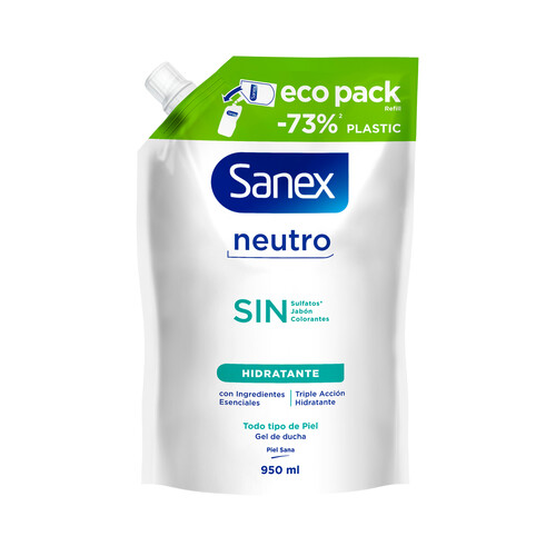 SANEX Sin neutro Recarga de gel hidratante para baño o ducha, para todo tipo de pieles 950 ml.