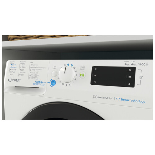 Lavadora secadora INDESIT BDE 96435WKVSPT, capacidad lavado/secado: 9KG/6KG, clasificación energética: D/B, 1400RPM, H: 85cm,A: 59,5cm,F: 54cm.