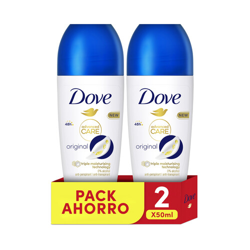 DOVE Desodorante roll on para mujer con protección antitranspirante hasta 72 horas DOVE Advanced care original 2 x 50 ml.