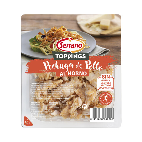 SERRANO Fiambre de pechuga de pollo al horno, cortada en tiras SERRANO Toppings 140 g.