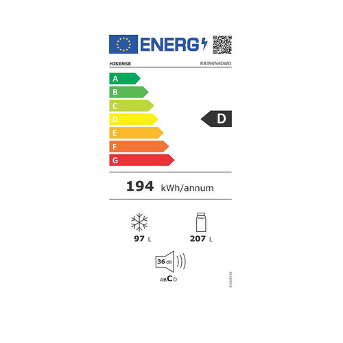 Frigorífico combi 186cm HISENSE RB390N4DWD, color blanco, NO FROST, clasificación energética: D, H: 186cm, A: 59,5cm, F: 59cm, capacidad total: 304L.