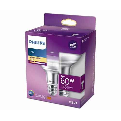 Bombilla Led E27, 4W=60W, luz cálida 2700K, 345lm, PHILIPS. 