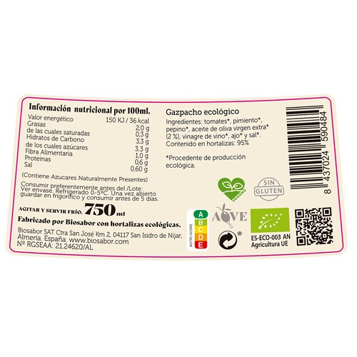 BIOSABOR Fusiona Gazpahco elaborado con vegetales ecológicos 750 ml.