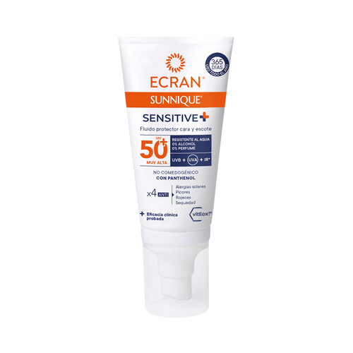 ECRAN Sunnique sensitive+ Protector solar para cara y escote con FPS 50+ (muy alto) 50 ml.