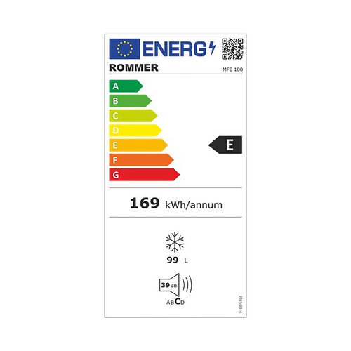 Congelador horizontal ROMMER MFE 100, clasificación energética: E, H: 84cm, A: 55cm, F: 48cm, capacidad total: 99L.