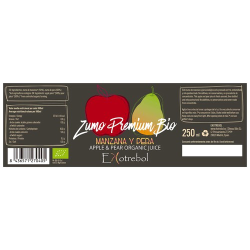 EKOTREBOL Zumo de manzana y pera premium ecológico 250 ml.