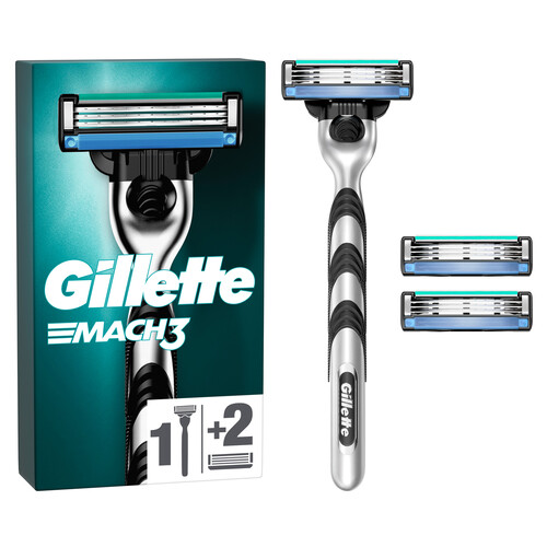 GILLETTE Máquina de afeitar, con cabezal basculante de 3 hojas y 2 recambios GILLETTE Mach 3.