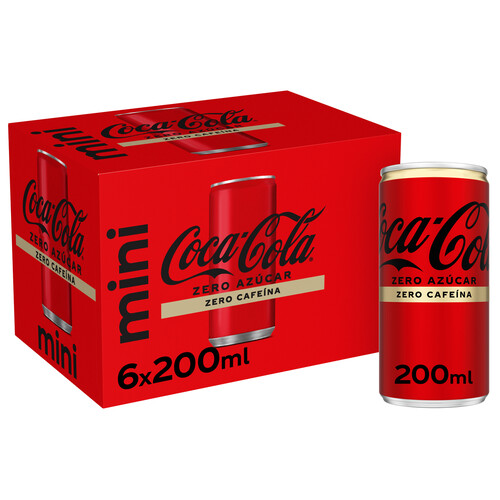 COCA COLA Zero mini Refresco de cola sin azúcar ni cafeina (zero zero) pack 6 uds. x 200 ml.