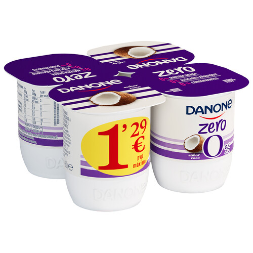 DANONE Zero 0% Yogur desnatado sin azúcares añadidos y sin conservantes, sabor a coco 4 x 120 g.