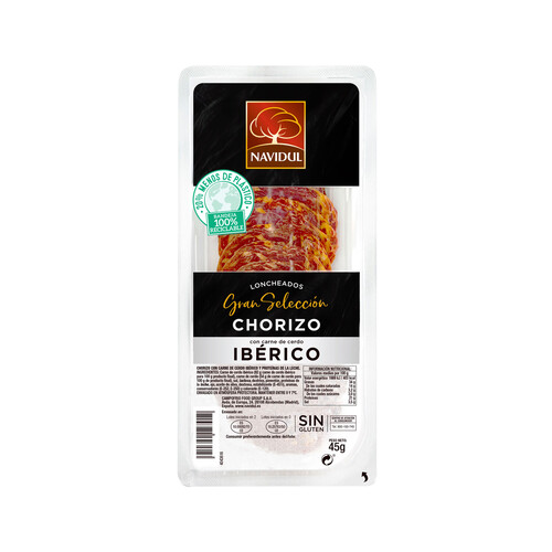 NAVIDUL Chorizo con carne de cerdo ibérico, sin gluten y cortado en lonchas NAVIDUL Gran selección 45 g.