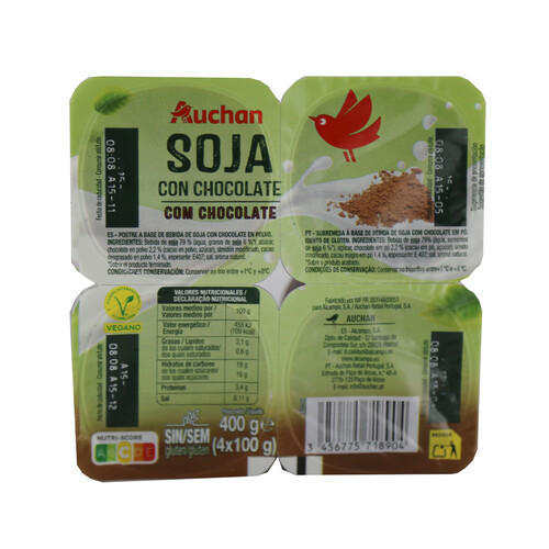 AUCHAN Postre a base de bebida de soja, con chocolate 4 x 100 g. Producto Alcampo