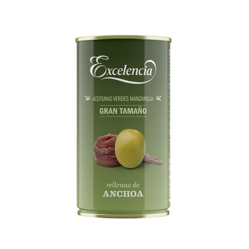 EXCELENCIA Aceitunas verdes manzanilla rellenas de anchoa EXCELENCIA lata de 150 g.