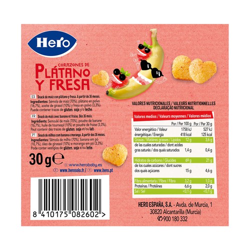 HERO Snacks infantiles sin azúcares añadidos, de maíz con corazones de plátano y fresa, a partir de 36 meses HERO Kids 30 g.