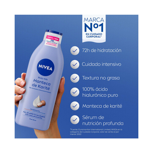 NIVEA Body milk (leche corporal) con hidratación profunda (72 horas), especial pieles secas 400 ml.