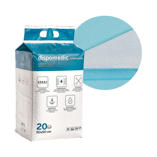 DISPOMEDIC Empapador absorvente, antideslizante e hipoalergénico de 60 x 90 cm 20 uds.