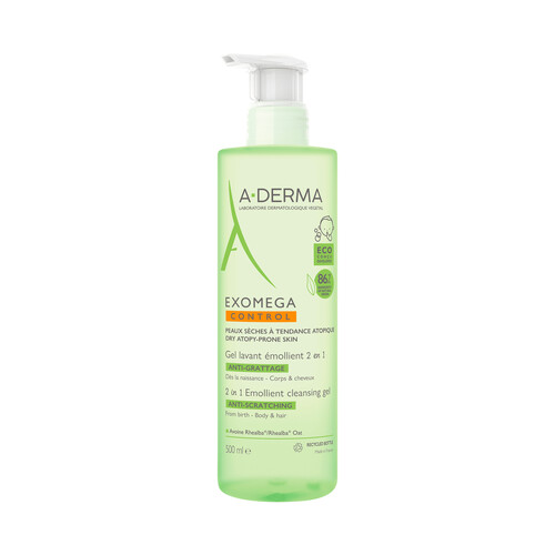 A.DERMA Exomega control Gel limpiador emoliente 2 en 1 anti-irritación 500 ml.