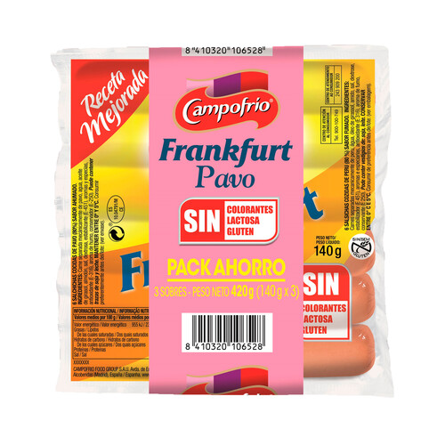 CAMPOFRÍO Salchichas cocidas y ahumadas de pavo tipo Frankfurt CAMPOFRÍO 3 x 140 g.